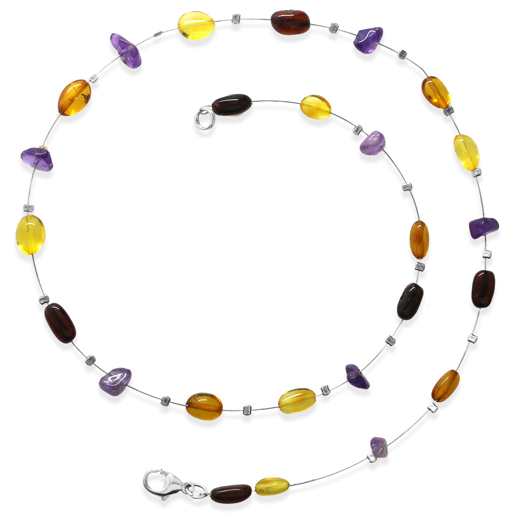 Ametist Taş Süslemeli 925 Ayar Gümüş Papağan Mekanizmalı Çok Renkli Doğal Damla Kehribar Kadın Kolye - 4