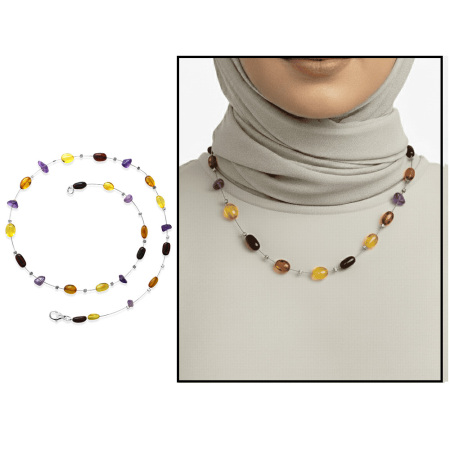 Ametist Taş Süslemeli 925 Ayar Gümüş Papağan Mekanizmalı Çok Renkli Doğal Damla Kehribar Kadın Kolye - Tesbihane