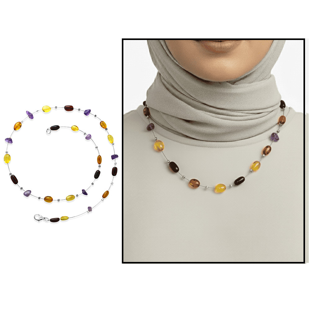 Ametist Taş Süslemeli 925 Ayar Gümüş Papağan Mekanizmalı Çok Renkli Doğal Damla Kehribar Kadın Kolye - 1