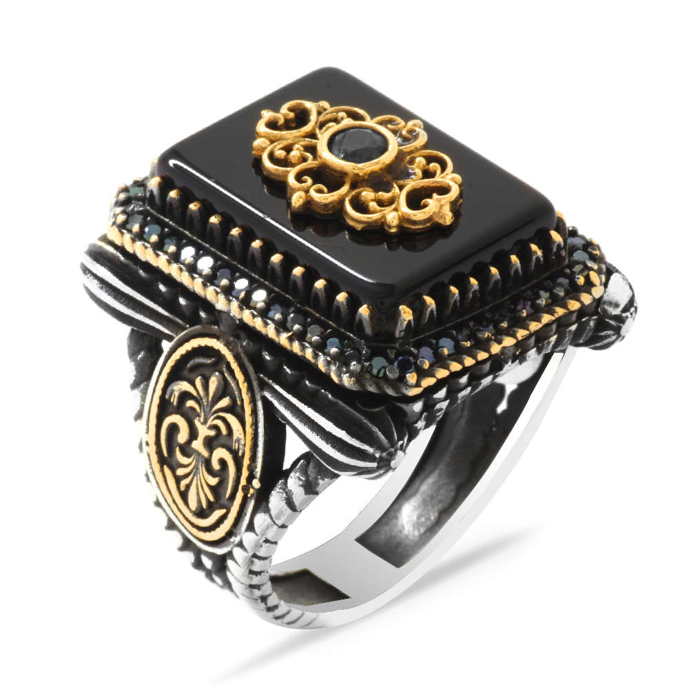 Anadolu Deseni Figürlü Oniks Taşlı 925 Ayar Gümüş Veziri Azam Yüzüğü - 3