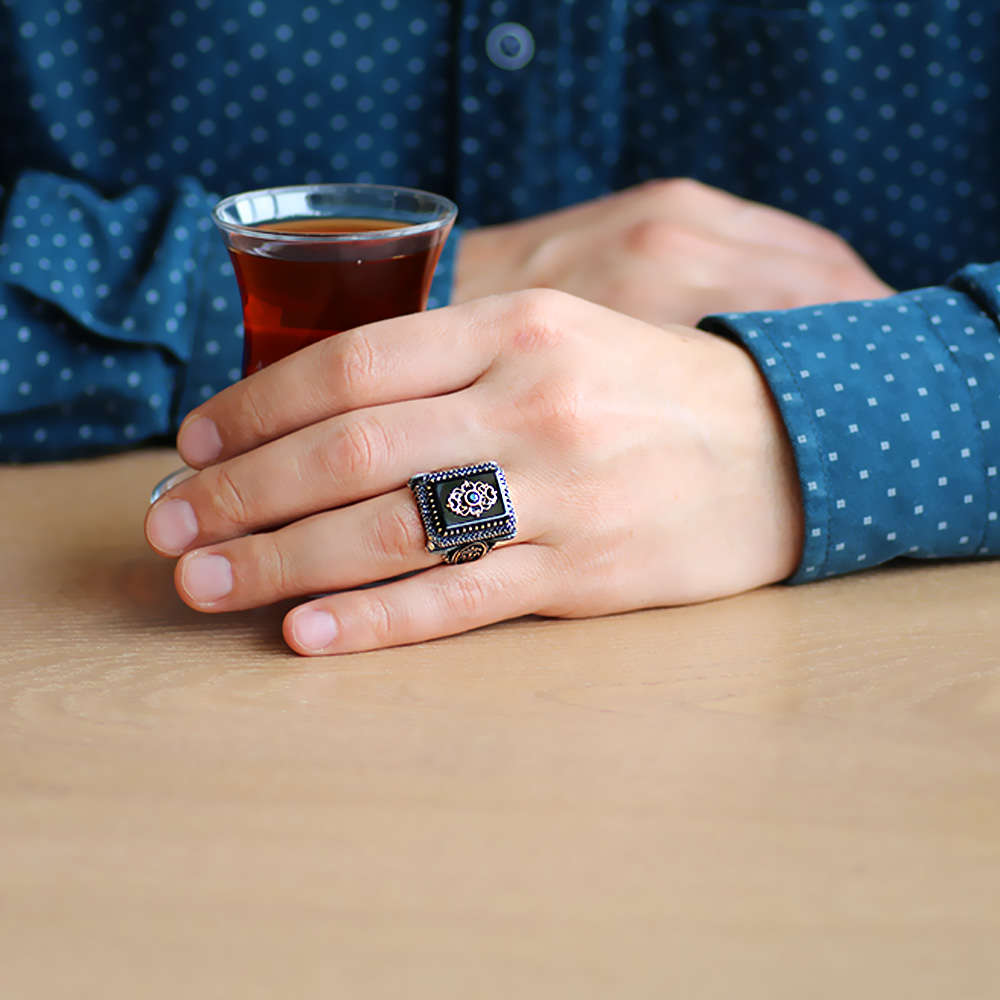 Anadolu Deseni Figürlü Oniks Taşlı 925 Ayar Gümüş Veziri Azam Yüzüğü - 2