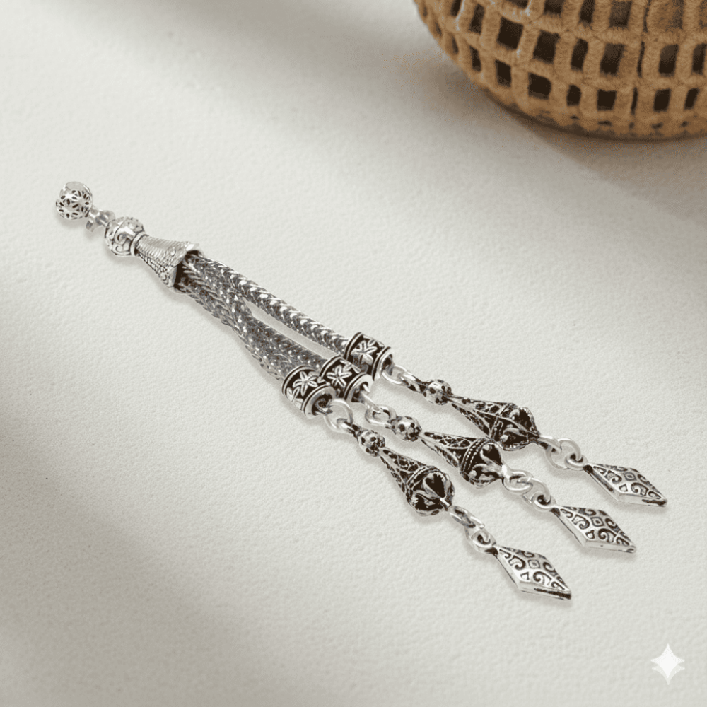 Anadolu Motifi Temalı Foxtail Zincirli Üç Kamçılı Kararmaz Metal Püskül - 1