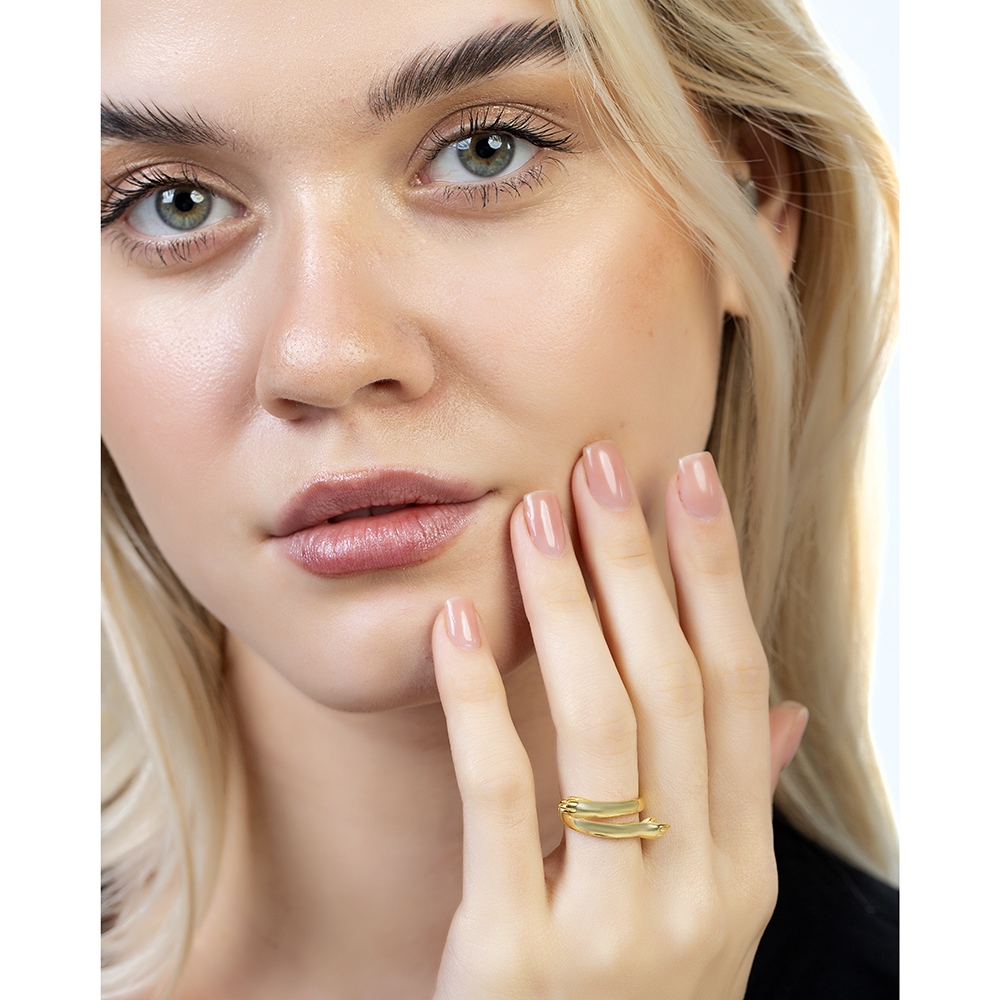 Anne Bebek Eli Detaylı Altın Renk Ayarlanabilir Ölçü 925 Ayar Gümüş Kadın Yüzük - 1