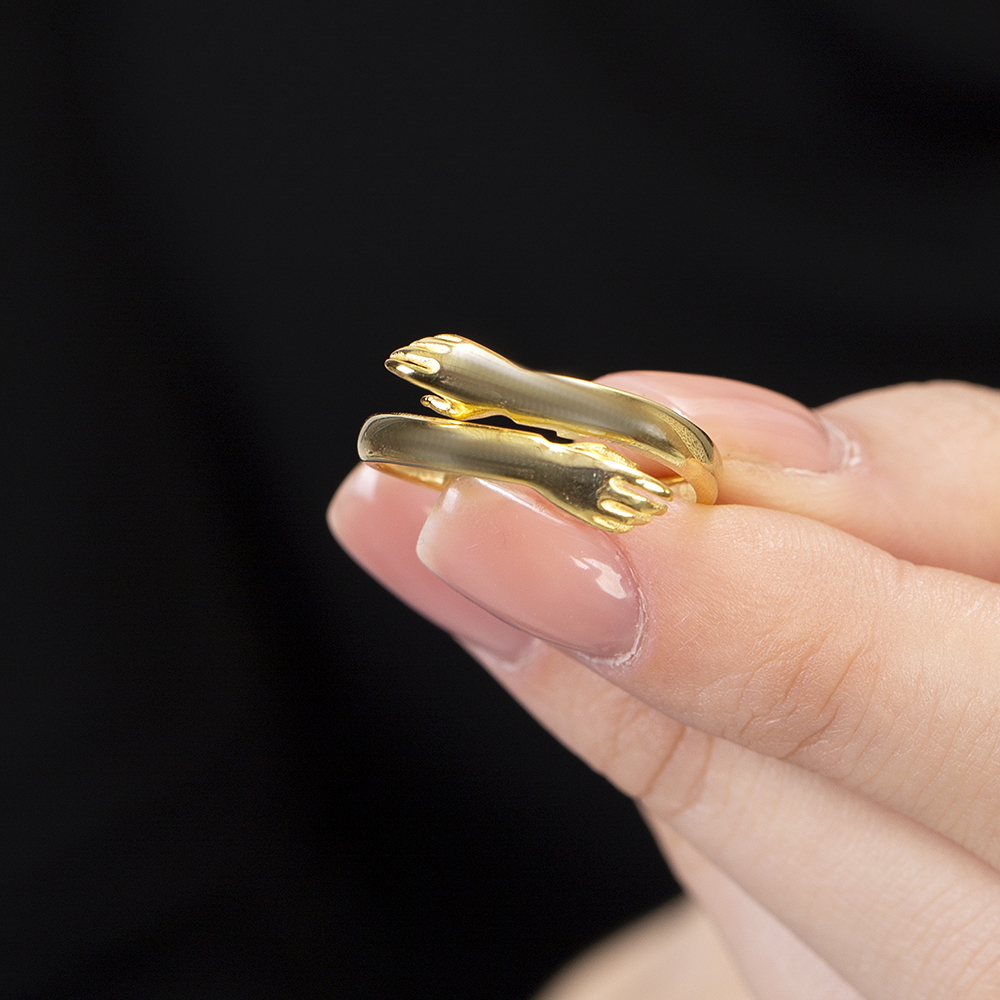 Anne Bebek Eli Detaylı Altın Renk Ayarlanabilir Ölçü 925 Ayar Gümüş Kadın Yüzük - 3