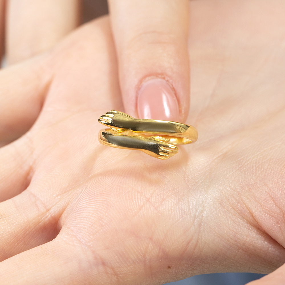 Anne Bebek Eli Detaylı Altın Renk Ayarlanabilir Ölçü 925 Ayar Gümüş Kadın Yüzük - 2