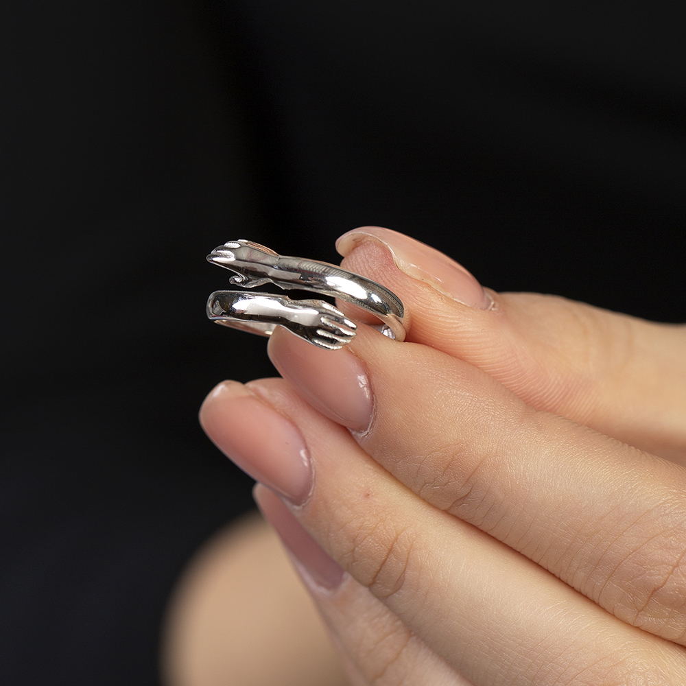 Anne Bebek Eli Detaylı Gümüş Renk Ayarlanabilir Ölçü 925 Ayar Gümüş Kadın Yüzük - 5