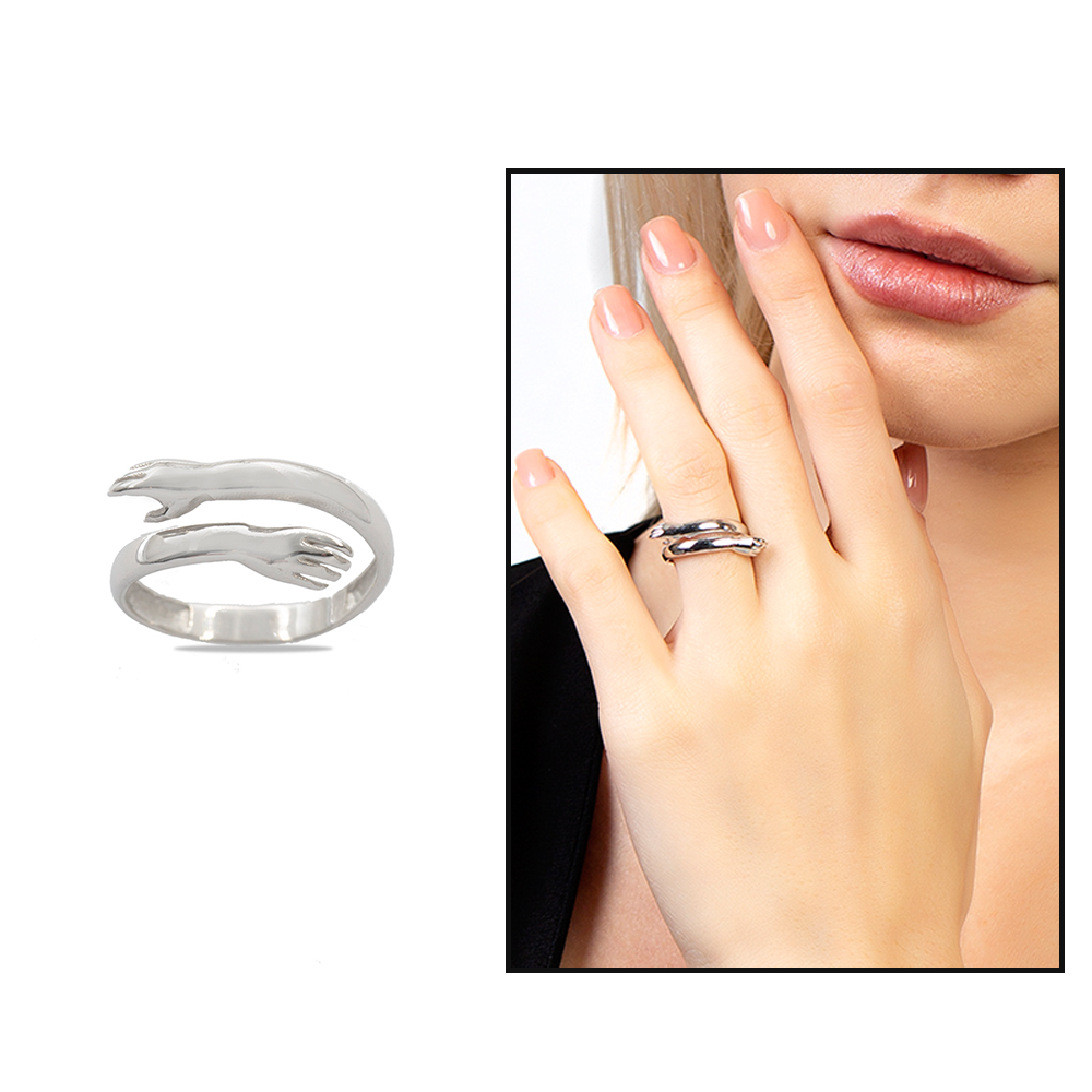 Anne Bebek Eli Detaylı Gümüş Renk Ayarlanabilir Ölçü 925 Ayar Gümüş Kadın Yüzük - 1
