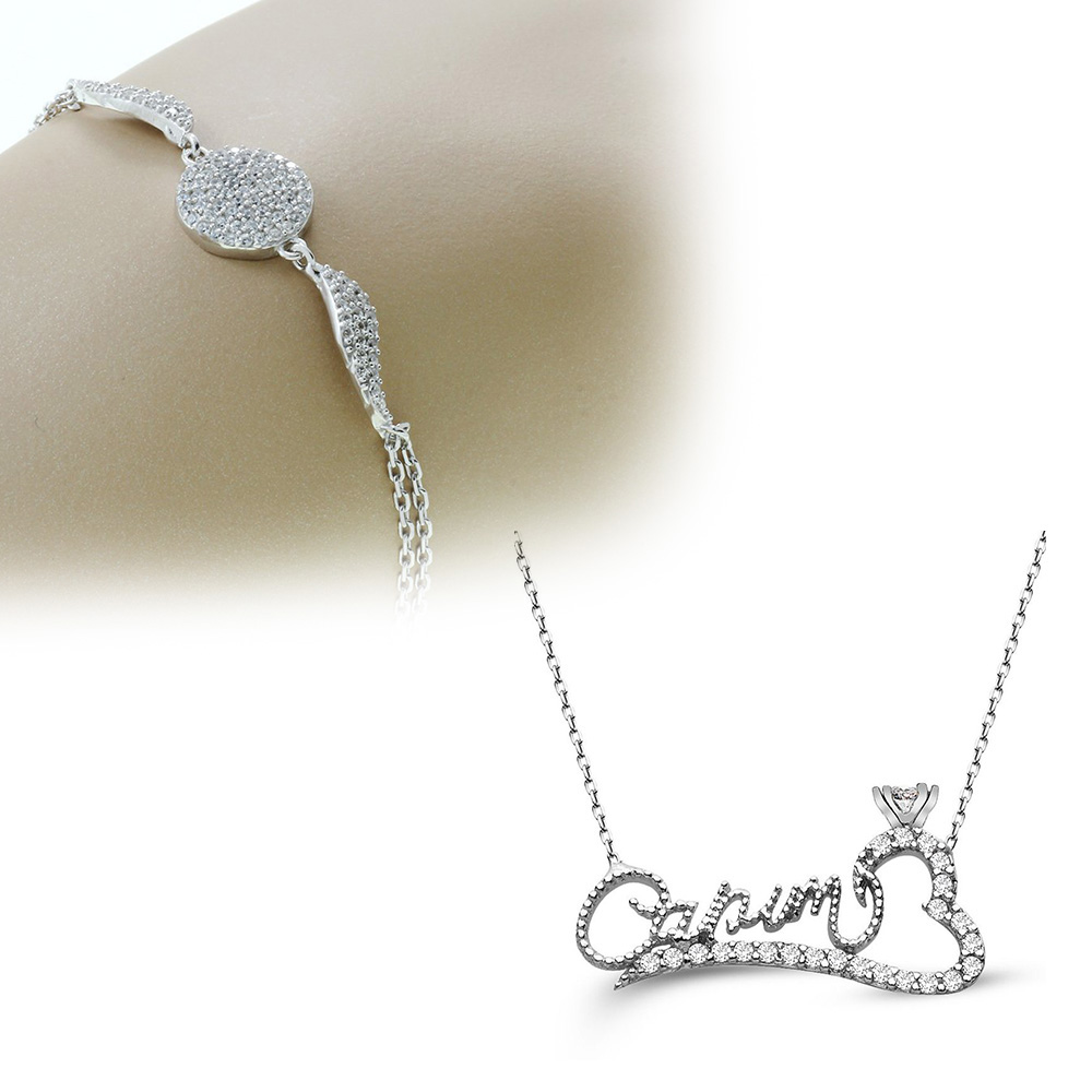 925 Ayar Gümüş Bileklik - Kolye İkili Set - M46 - 1