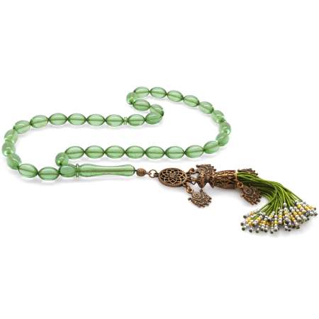 Antik Bakır Osmanlı Saray Püsküllü Arpa Kesim Su Yeşili Ateş Kehribar Tesbih - Tesbihane