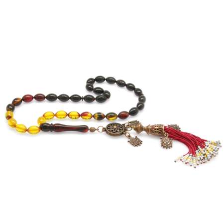 Antik Bakır Osmanlı Saray Püsküllü Arpa Kesim Süzme Bala-Siyah Ateş Kehribar Tesbih - Tesbihane