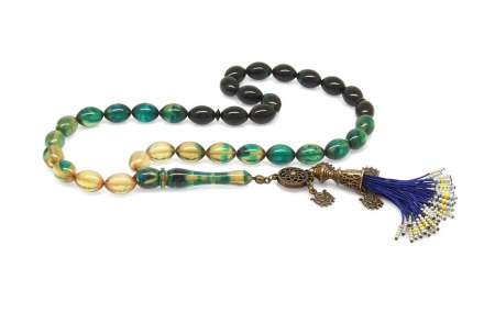 Antik Bakır Osmanlı Saray Püsküllü Arpa Kesim Süzme Mavi-Beyaz Ateş Kehribar Tesbih - Tesbihane