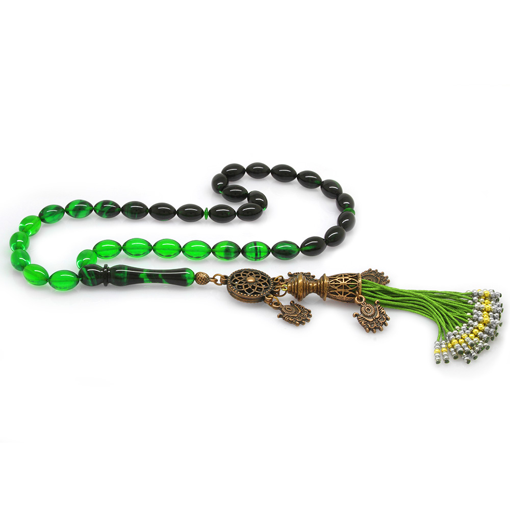 Antik Bakır Osmanlı Saray Püsküllü Arpa Kesim Süzme Yeşil Siyah Ateş Kehribar Tesbih - 1
