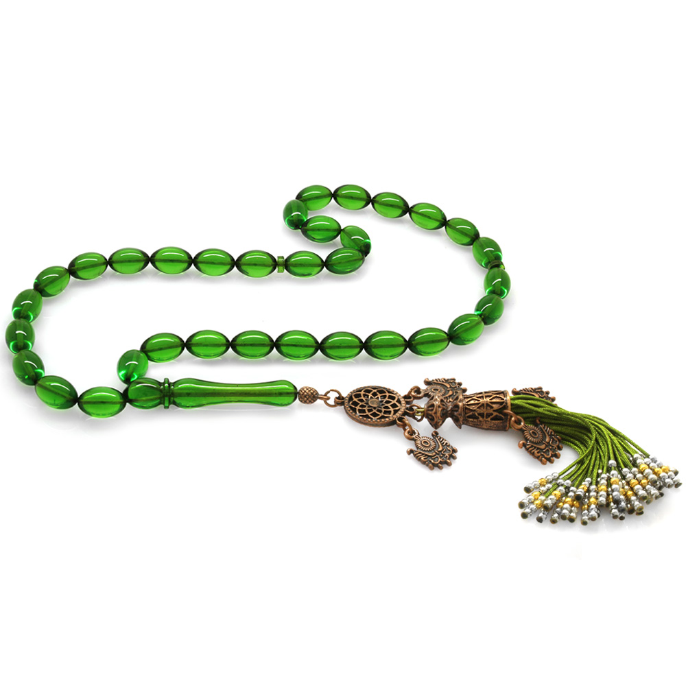 Antik Bakır Osmanlı Saray Püsküllü Arpa Kesim Yeşil Ateş Kehribar Tesbih - 1