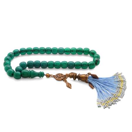 Antik Bakır Osmanlı Saray Püsküllü Kesme Kesim Osmanlı Benzetmesi Hareli Turkuaz-Siyah Çubuk Sıkma Kehribar - Tesbihane