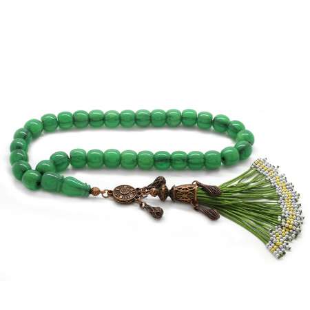 Antik Bakır Osmanlı Saray Püsküllü Kesme Kesim Osmanlı Benzetmesi Hareli Yeşil-Siyah Çubuk Sıkma Kehribar - Tesbihane