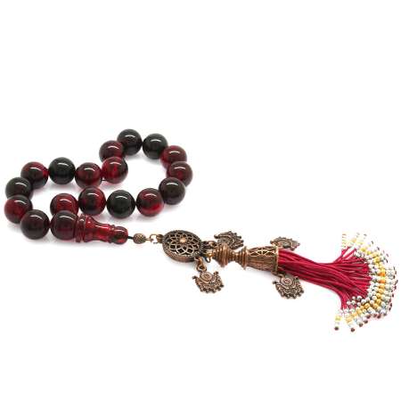 Antik Bakır Osmanlı Saray Püsküllü Küre Kesim Kırmızı-Siyah Ateş Kehribar Efe Tesbih - Tesbihane