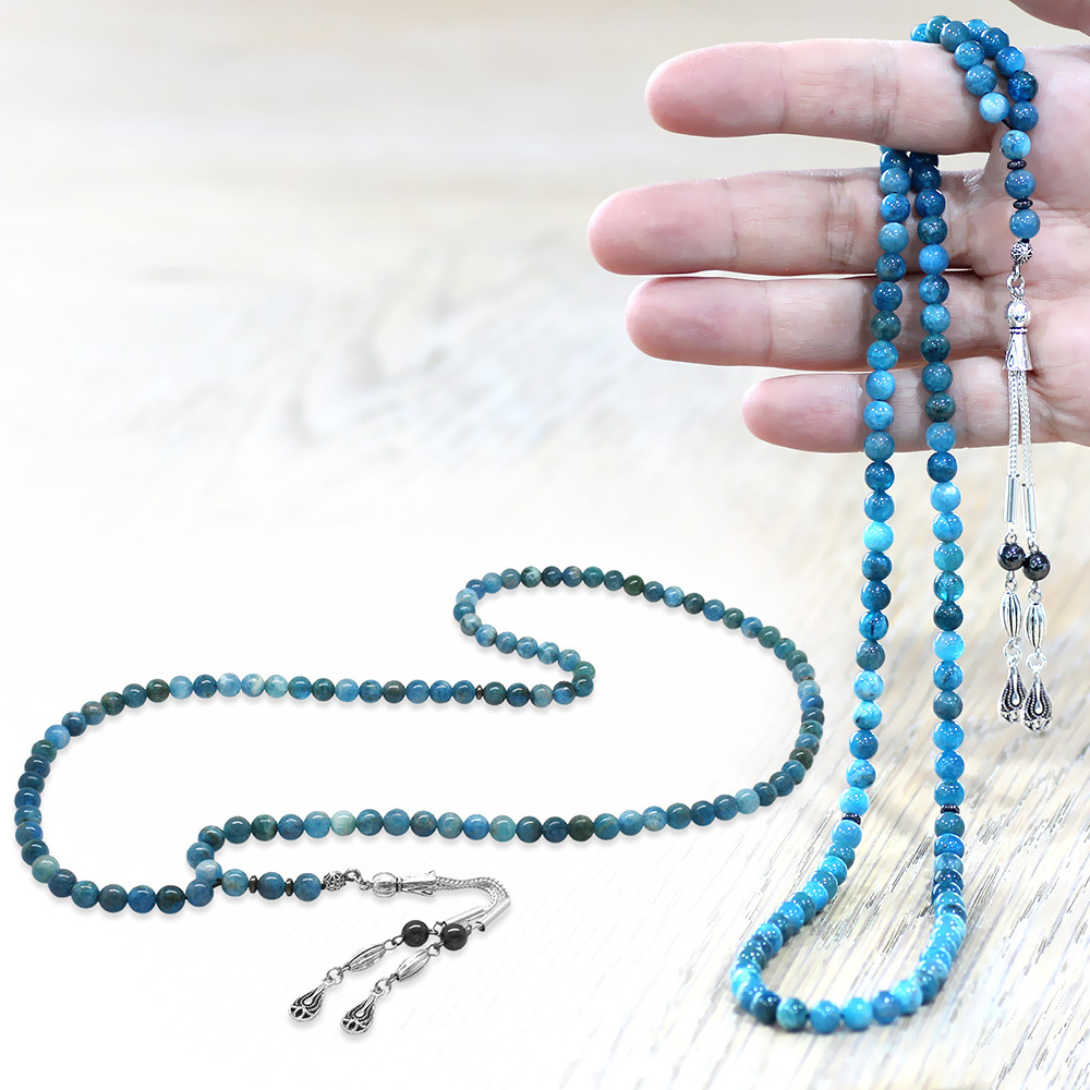 Apatit Doğaltaş Namaz Tesbihi - Kararmaz Metal Damla Püsküllü - Pastel Renk - Küre Kesim - 2