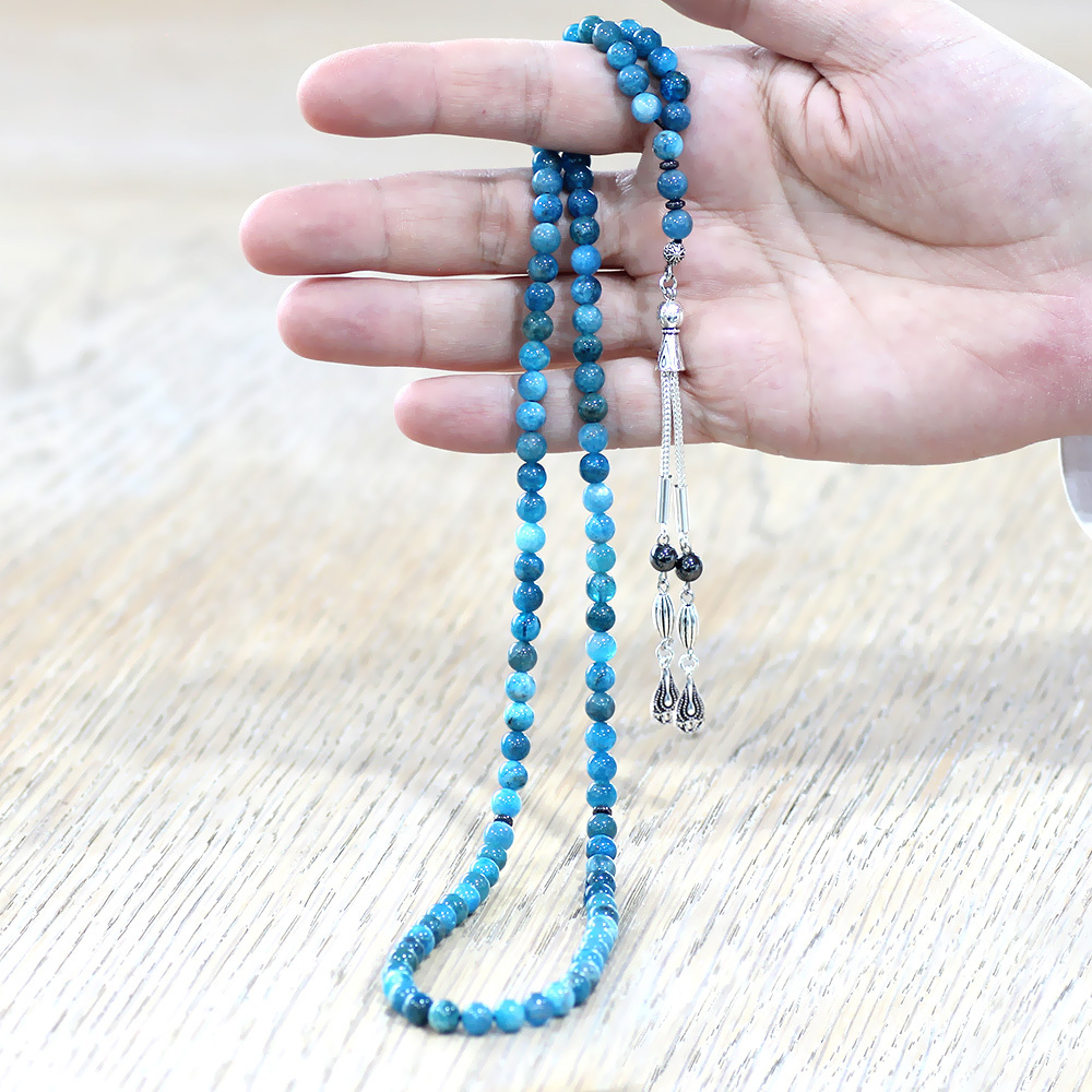 Apatit Doğaltaş Namaz Tesbihi - Kararmaz Metal Damla Püsküllü - Pastel Renk - Küre Kesim - 3