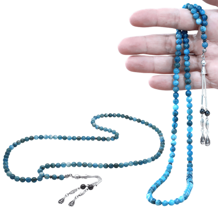 Apatit Doğaltaş Namaz Tesbihi - Kararmaz Metal Damla Püsküllü - Pastel Renk - Küre Kesim - Tesbihane