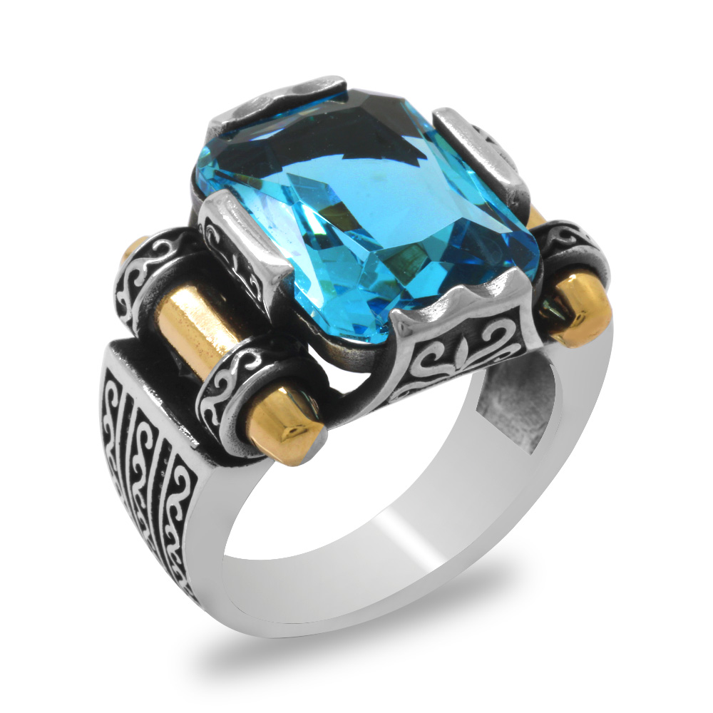 Aqua Baget Taşlı Avangarde Tasarım 925 Ayar Gümüş Şah Cihan Yüzük - 3