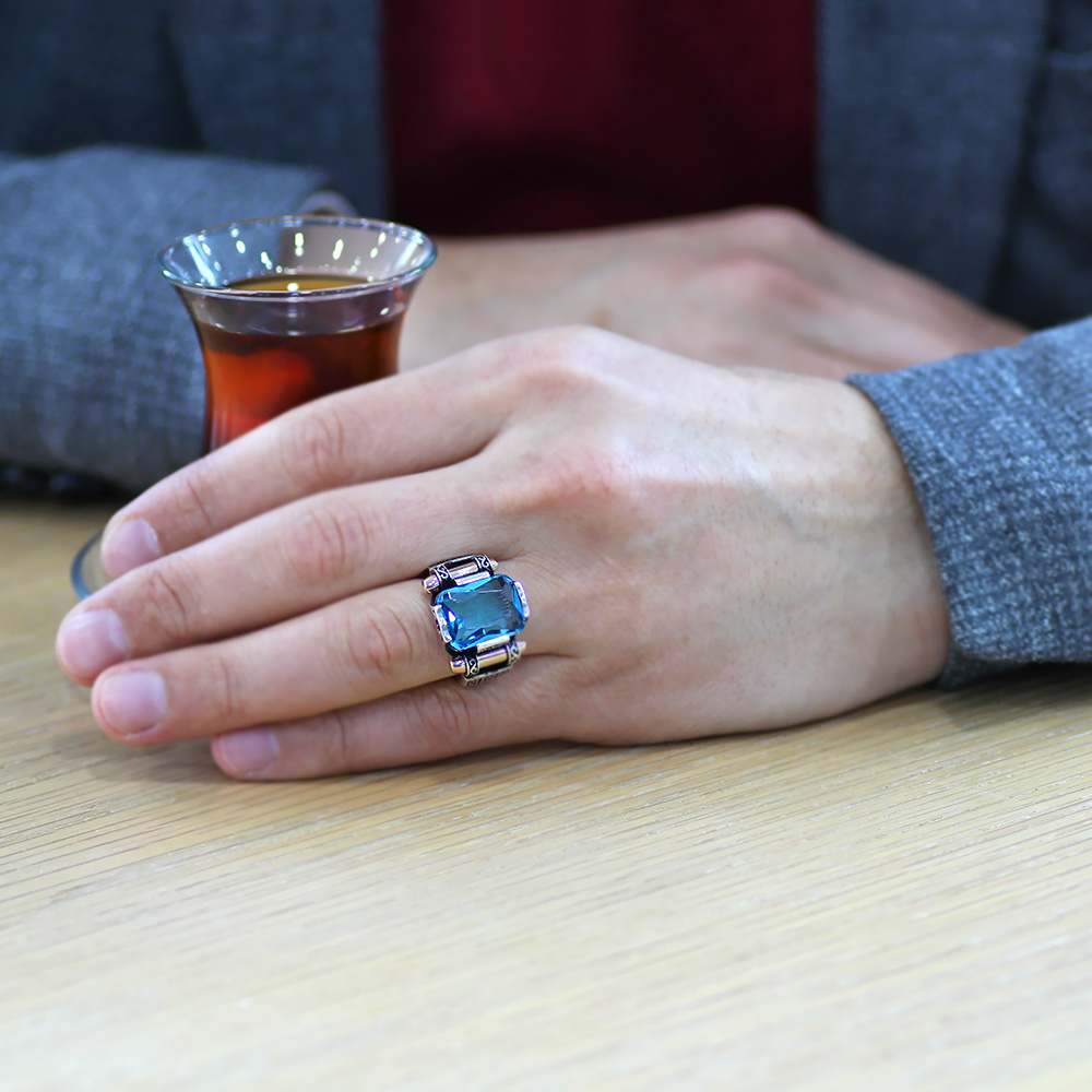 Aqua Baget Taşlı Avangarde Tasarım 925 Ayar Gümüş Şah Cihan Yüzük - 2