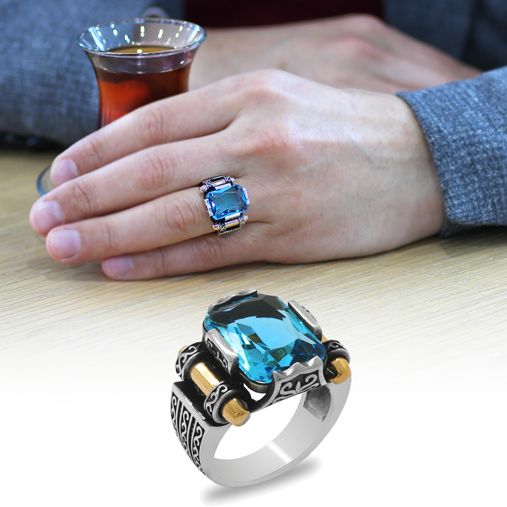 Aqua Baget Taşlı Avangarde Tasarım 925 Ayar Gümüş Şah Cihan Yüzük - 1