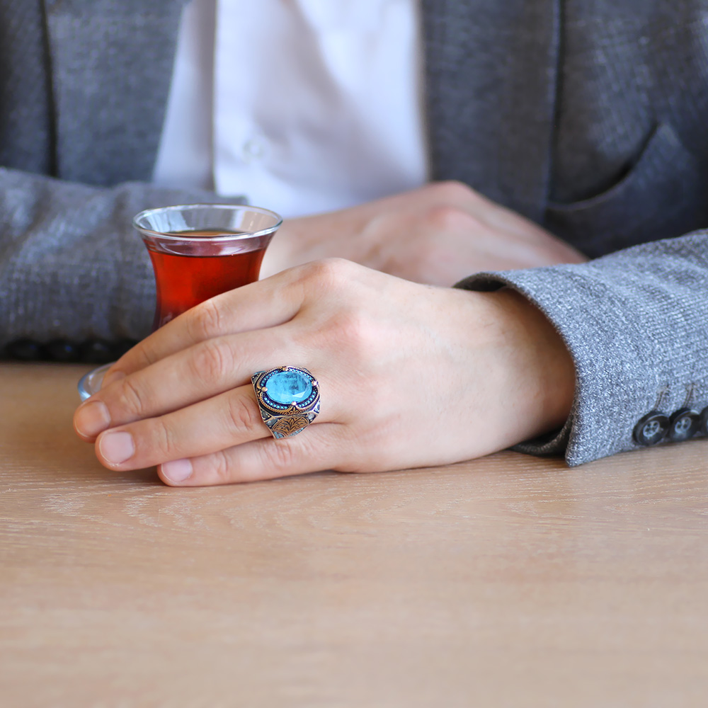 Aqua Paraiba Taşlı Kenarları Kalem İşçilik Detaylı 925 Ayar Gümüş Erkek Yüzük - 2