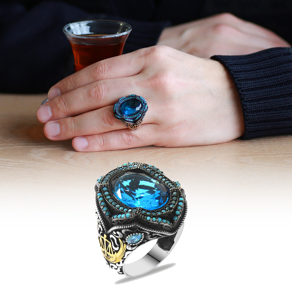 Aqua Zirkon Taşlı Adalet Temalı 925 Ayar Gümüş Erkek Yüzük - 1