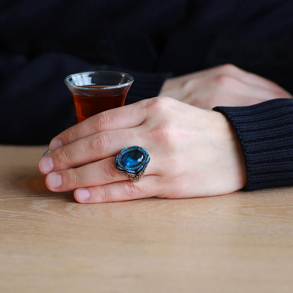 Aqua Zirkon Taşlı Adalet Temalı 925 Ayar Gümüş Erkek Yüzük - 3