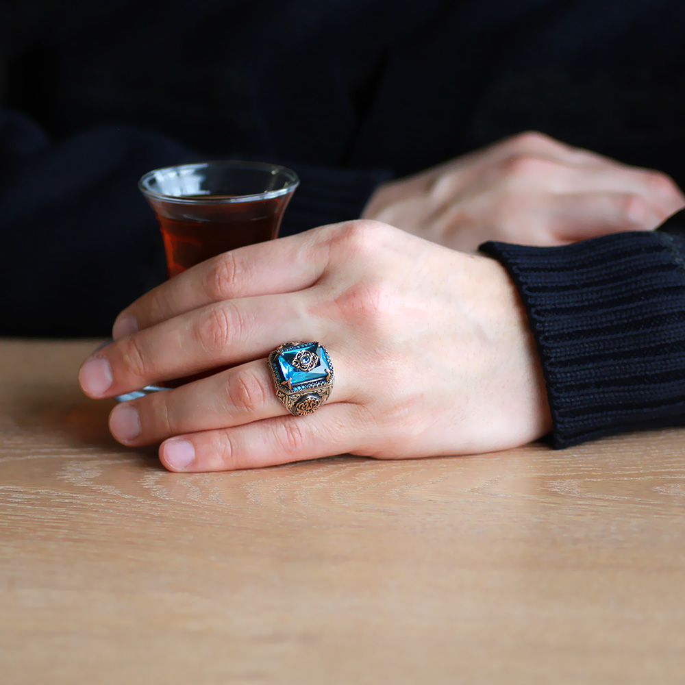 Aqua Zirkon Taşlı Anadolu Deseni Motifli 925 Ayar Gümüş Erkek Yüzük - 3