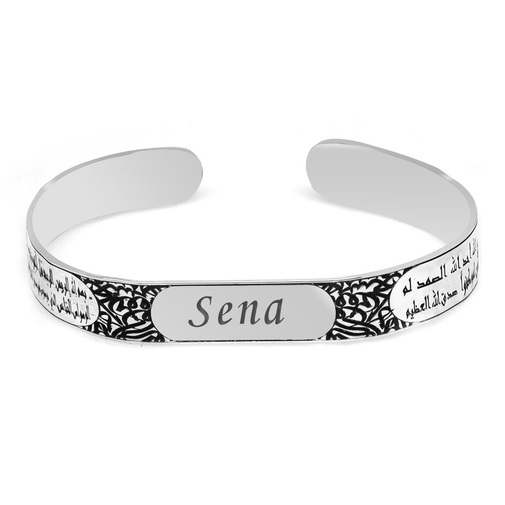 Arapça İnşirah Suresi Yazılı Vav Süslemeli Kelepçe Model İsme Özel 925 Ayar Gümüş Kadın Bileklik - 4