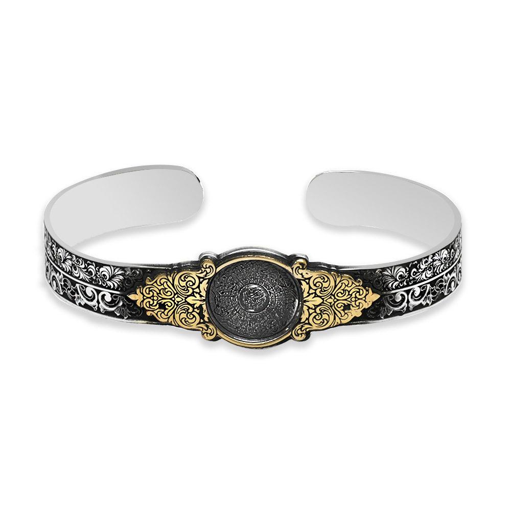 Üzeri Arapça Nas ve Felak Suresi Yazılı Kelepçe Model El İşçiliği 925 Ayar Gümüş Erkek Bileklik - 2