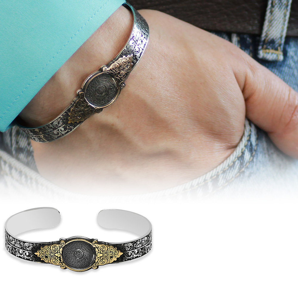 Üzeri Arapça Nas ve Felak Suresi Yazılı Kelepçe Model El İşçiliği 925 Ayar Gümüş Erkek Bileklik - 1