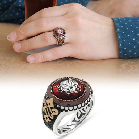 Arma Motifli Kırmızı Sıkma Kehribar Taşlı 925 Ayar Gümüş Erkek Yüzük - STOKYOK