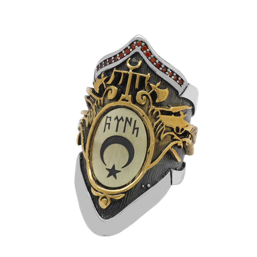 Arma Tasarım Türk Yazılı ve Ayyıldız Temalı 925 Ayar Gümüş Okçu Zihgir Yüzük - 4