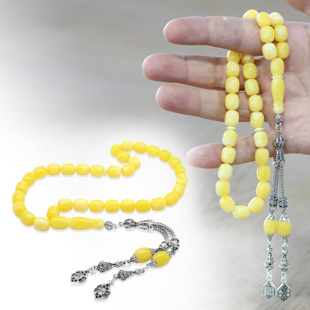 Kararmaz Metal İkili Kamçı Püsküllü Kapsül Kesim Sarı Beyaz Beyrut Kehribar Tesbih - Tesbihane