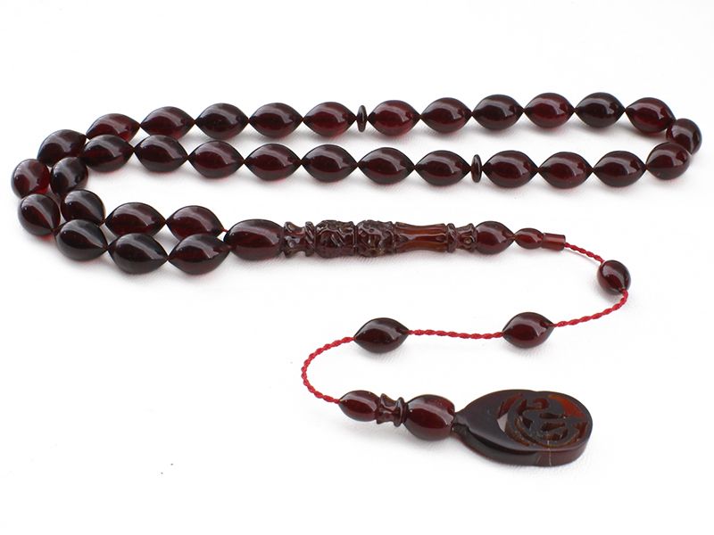 Arpa Kesim İmamesi Özel İşçilikli 'ALLAH' Yazılı Sıkma Kehribar Tesbih - 1