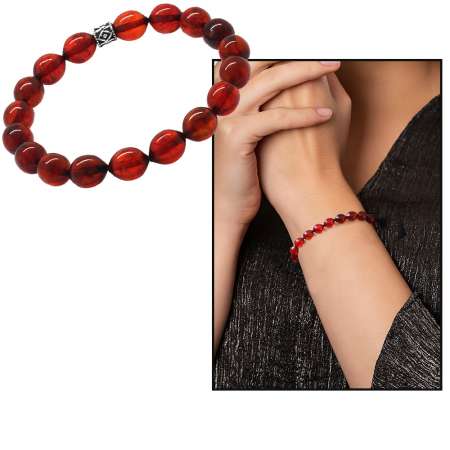 Arpa Kesim Kırmızı Doğal Damla Kehribar Kadın Bileklik - Tesbihane