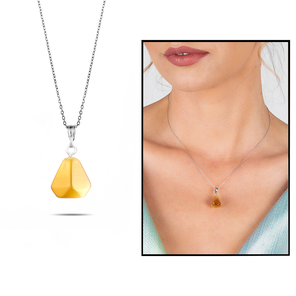 Asimetrik Tasarım 925 Ayar Gümüş Zincirli Soft Kahve Kedigözü Kolye - 1