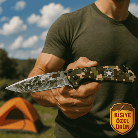 Askeriye Tasarım Saplı İsme Özel Yazılı 9Cr13MoV Kalite Paslanmaz Çelik Avcı ve Kamp Bıçağı - Tesbihane