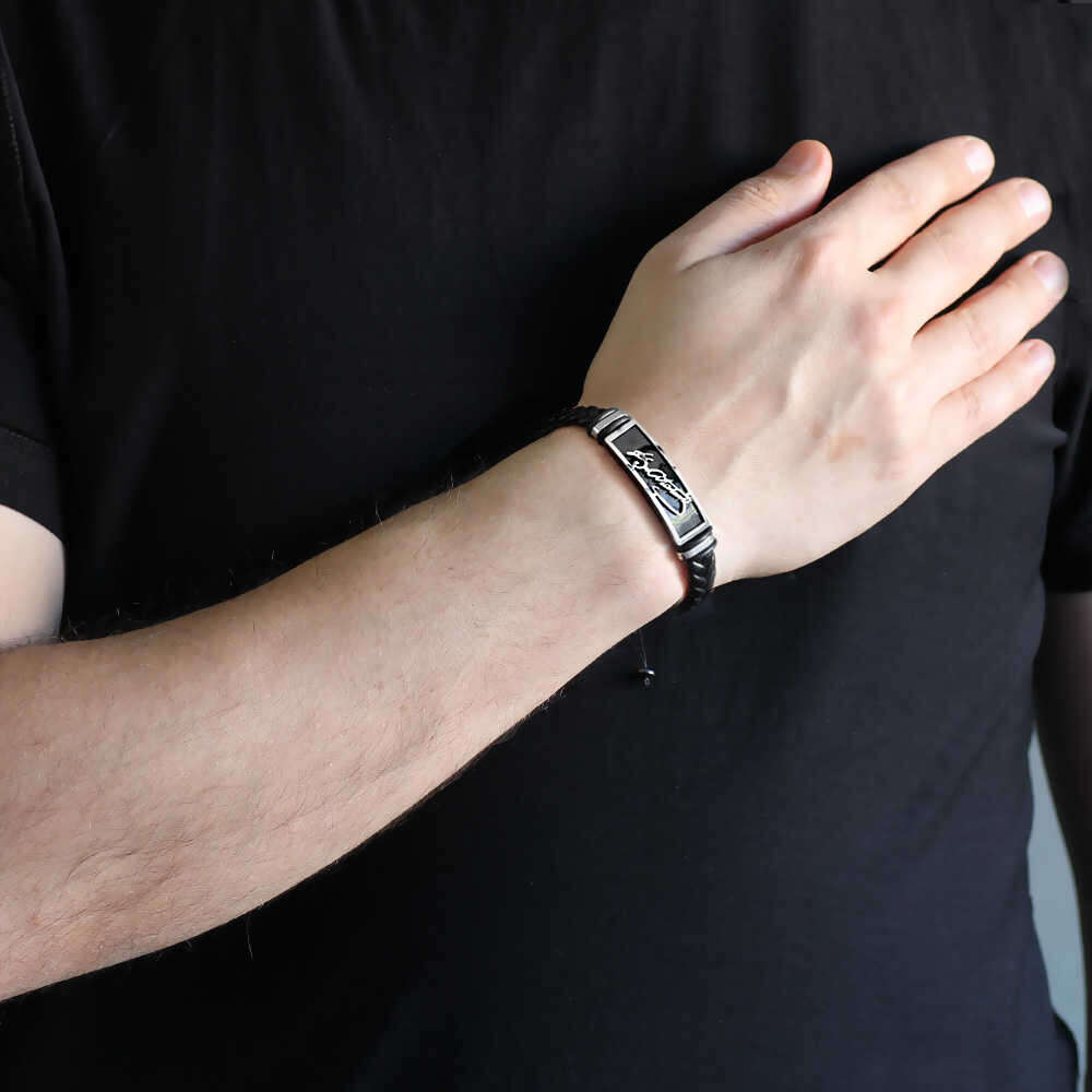 Atatürk İmza Tasarım Siyah Deri Çelik Kombinli Erkek Bileklik - 2