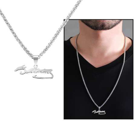 Atatürk İmzalı Gümüş Renk Çelik Erkek Kolye - Tesbihane