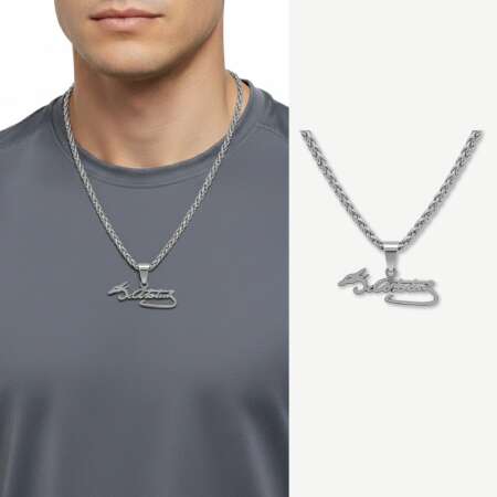 Atatürk İmzalı Gümüş Renk Çelik Erkek Kolye - Tesbihane