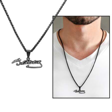 Atatürk İmzalı Siyah Renk Çelik Erkek Kolye - Tesbihane