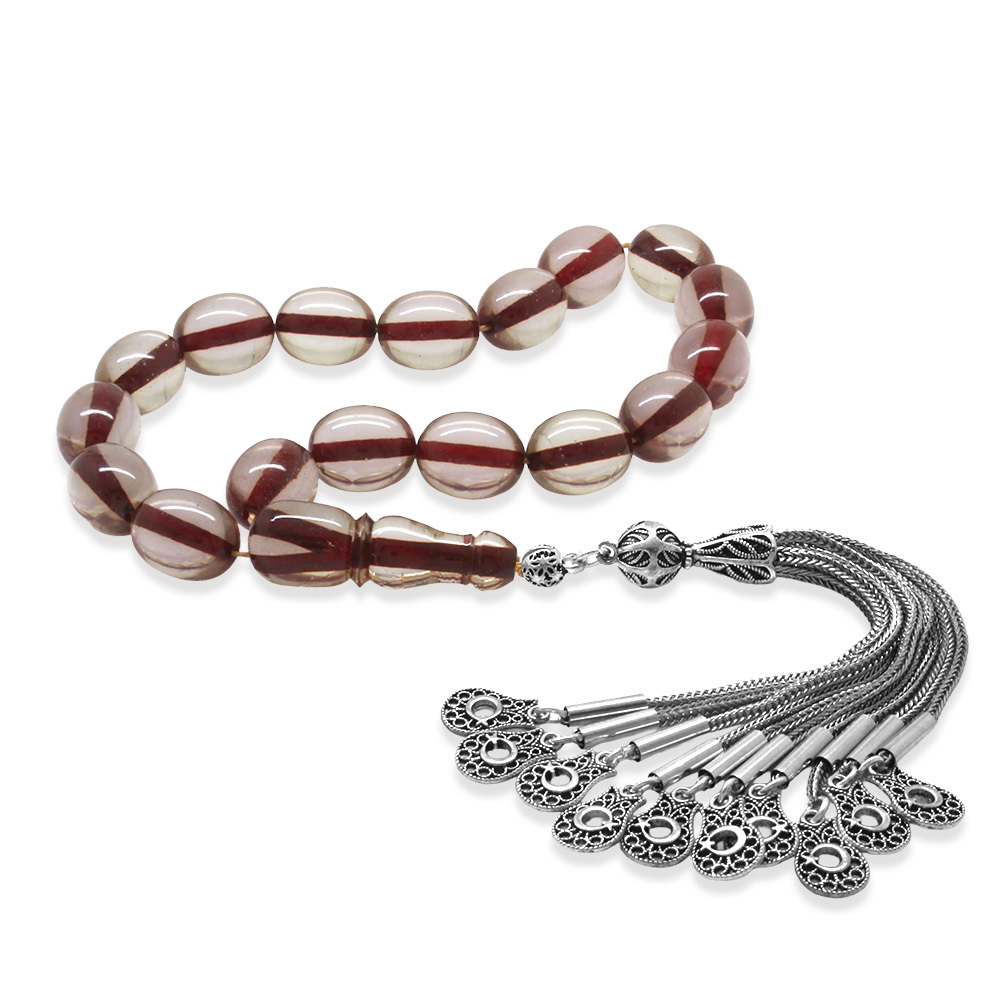 Ateş Kehribar Efe Tesbih - 10 lu Kamçı Kararmaz Metal Püsküllü - Şeffaf Renk - Özel Kesim - 4