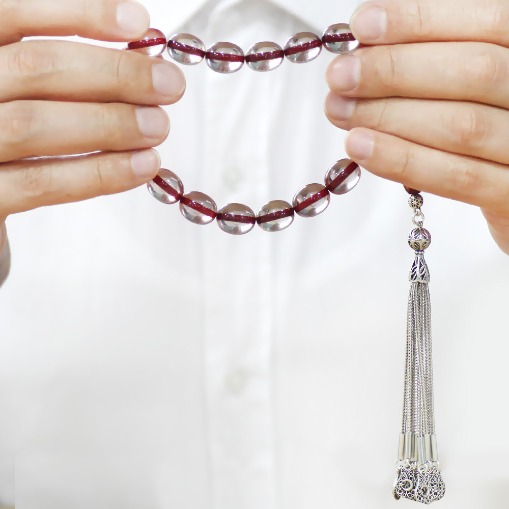 Ateş Kehribar Efe Tesbih - 10 lu Kamçı Kararmaz Metal Püsküllü - Şeffaf Renk - Özel Kesim - 3