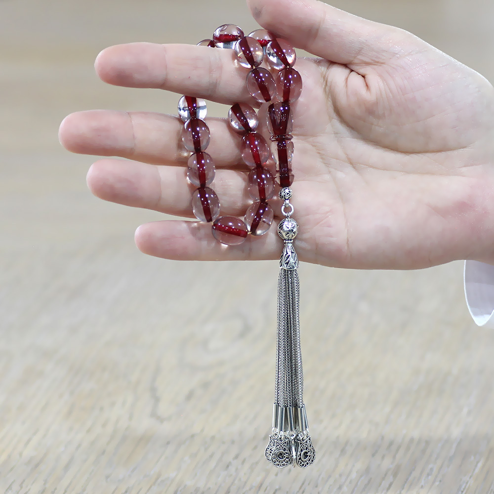 Ateş Kehribar Efe Tesbih - 10 lu Kamçı Kararmaz Metal Püsküllü - Şeffaf Renk - Özel Kesim - 2