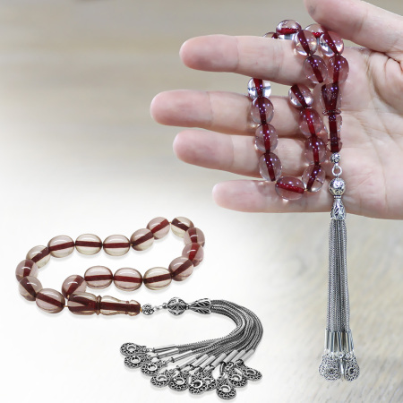 Ateş Kehribar Efe Tesbih - 10 lu Kamçı Kararmaz Metal Püsküllü - Şeffaf Renk - Özel Kesim - Tesbihane