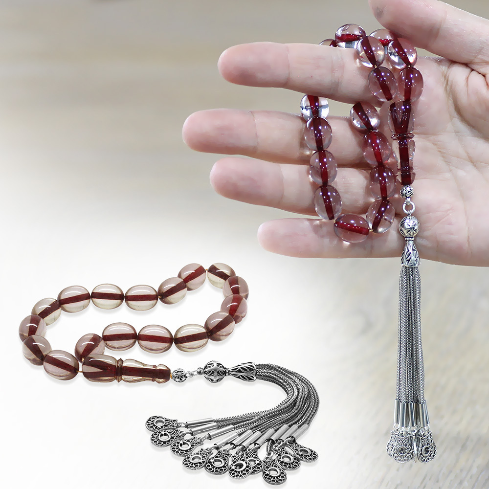 Ateş Kehribar Efe Tesbih - 10 lu Kamçı Kararmaz Metal Püsküllü - Şeffaf Renk - Özel Kesim - 1