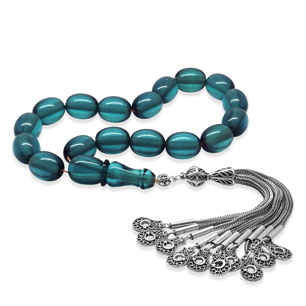 Ateş Kehribar Efe Tesbih - 10 lu Kamçı Kararmaz Metal Püsküllü - Turkuaz Renk - Özel Kesim - 4